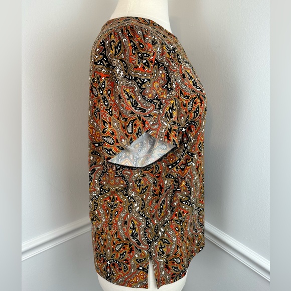 MICHAEL KORS Black, Beige & Orange Printed Gold Chain Petal Sleeve Top | Size XL - Picture 12 of 16